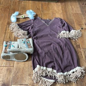 brown fringy pocahontas dress with feather headband and size 13/1 boots